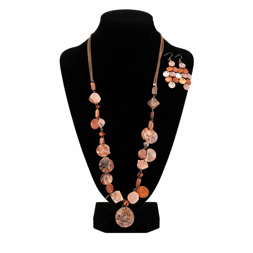 Boho‎ Capiz Shell Necklace Earrings Set Copper Peach Pink Disc Beaded 18
